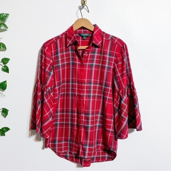 Lauren Ralph Lauren Tops - Lauren Ralph Lauren Red Plaid Flared Bell 3/4 Sleeve Button Down Blouse Sz XS